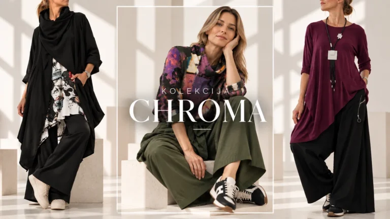Kolekcija Chroma – Cherry Monday: asimetrične tunike in široke hlače v črni, olivni in bordo barvi