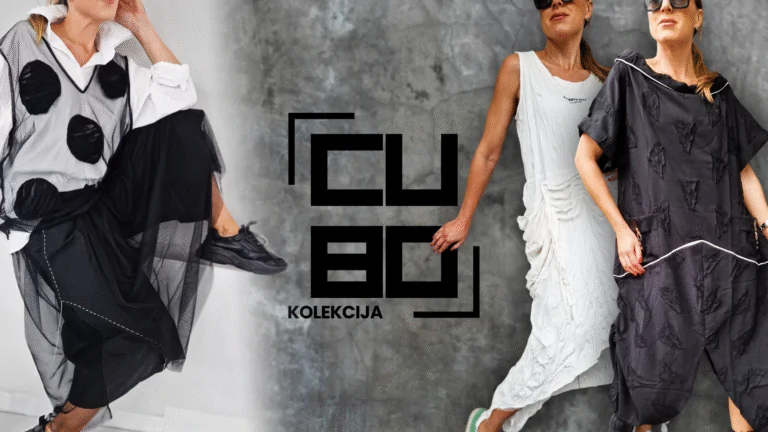 Tri ženske v oblačilih CUBO kolekcije, sodoben dizajn na sivem ozadju.